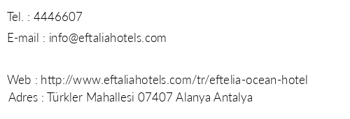 Eftalia Ocean Hotel telefon numaralar, faks, e-mail, posta adresi ve iletiim bilgileri